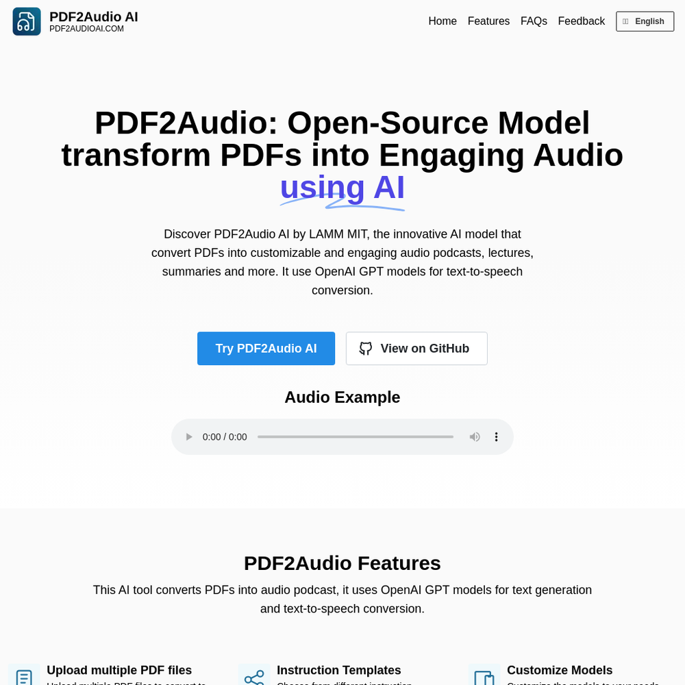 PDF2Audio website screenshot PDF2Audio website screenshot