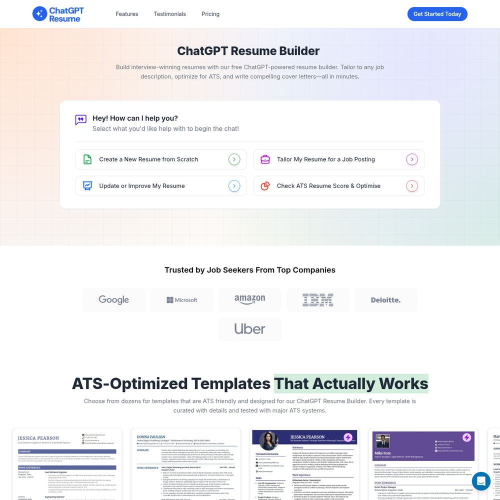 ChatGPT Resume Builder website screenshot ChatGPT Resume Builder website screenshot