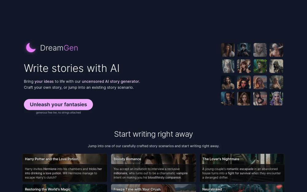 DreamGen Story Generator website screenshot DreamGen Story Generator website screenshot