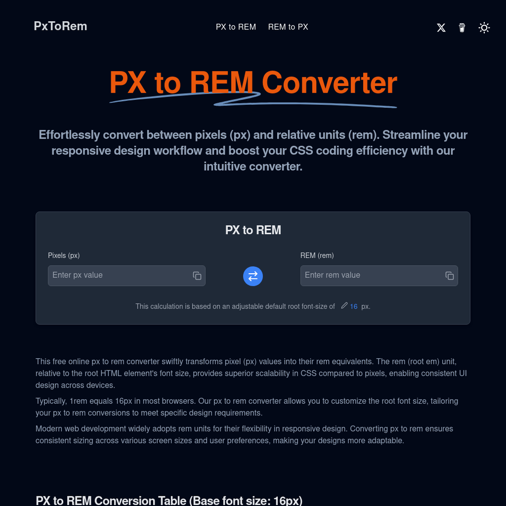 PX to REM Converter website screenshot PX to REM Converter website screenshot