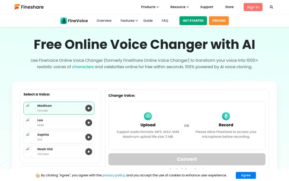 FineVoice AI Voice Changer website screenshot FineVoice AI Voice Changer website screenshot