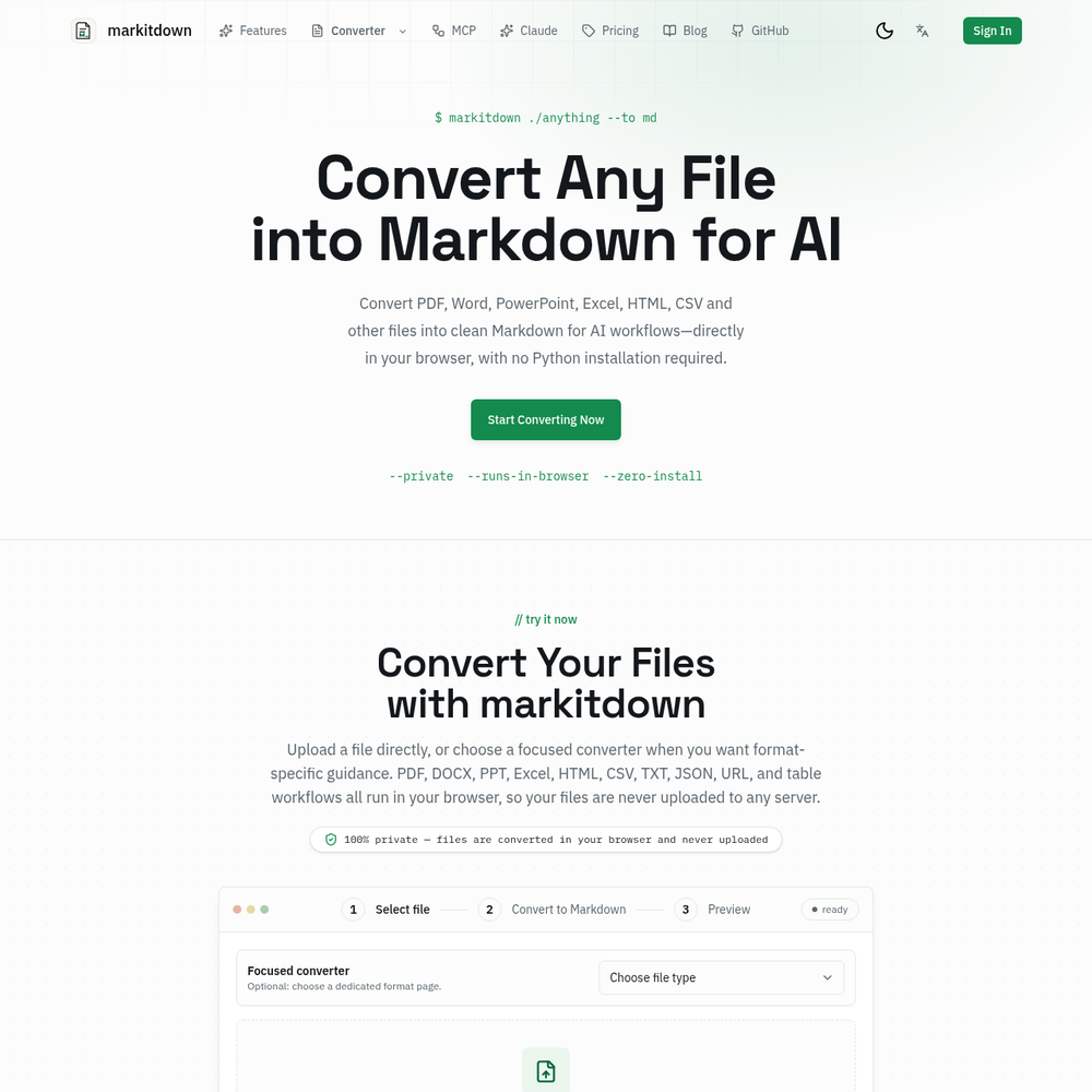 Markitdown Online Converter website screenshot Markitdown Online Converter website screenshot