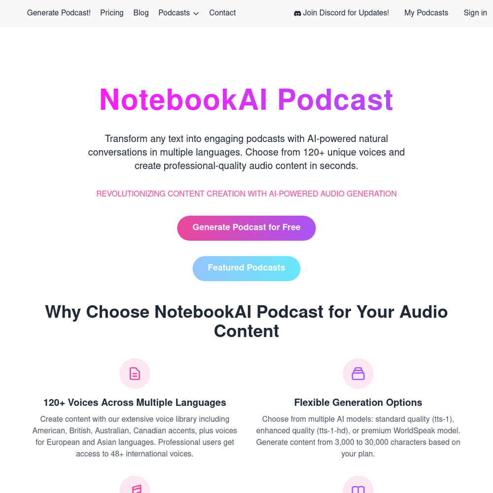 NotebookAI Podcast website screenshot NotebookAI Podcast website screenshot