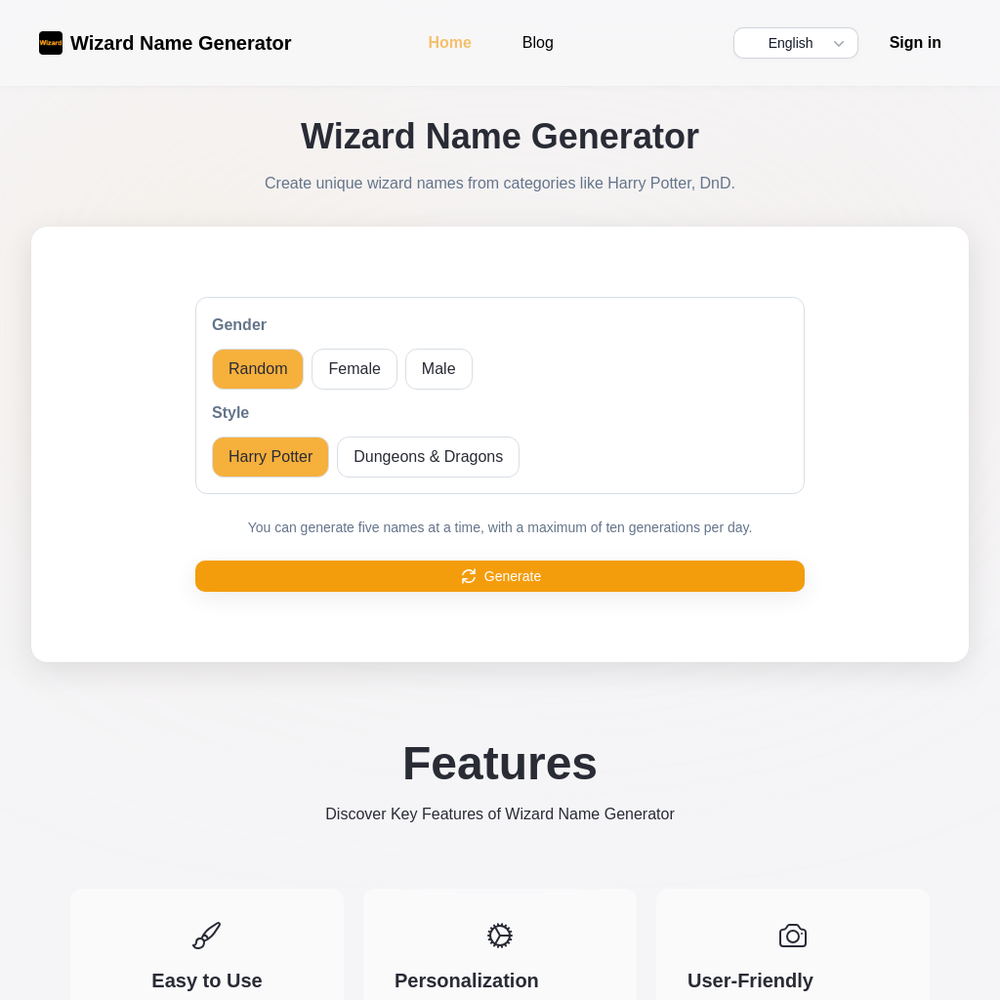 Wizard Name Generator website screenshot Wizard Name Generator website screenshot