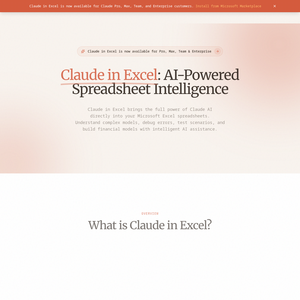Claude in Excel website screenshot Claude in Excel website screenshot