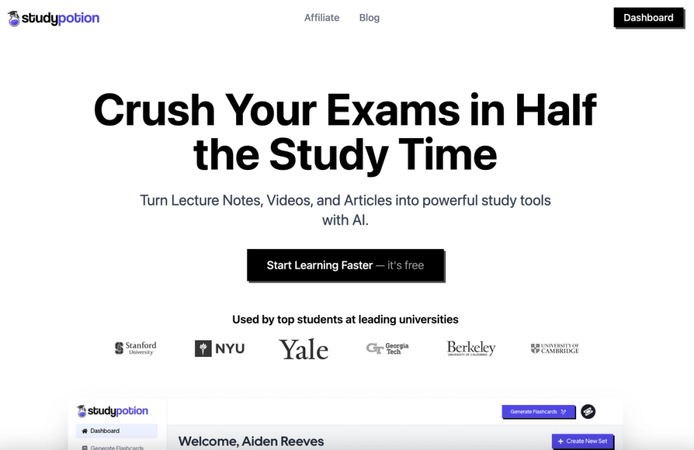 Study Potion AI website screenshot Study Potion AI website screenshot