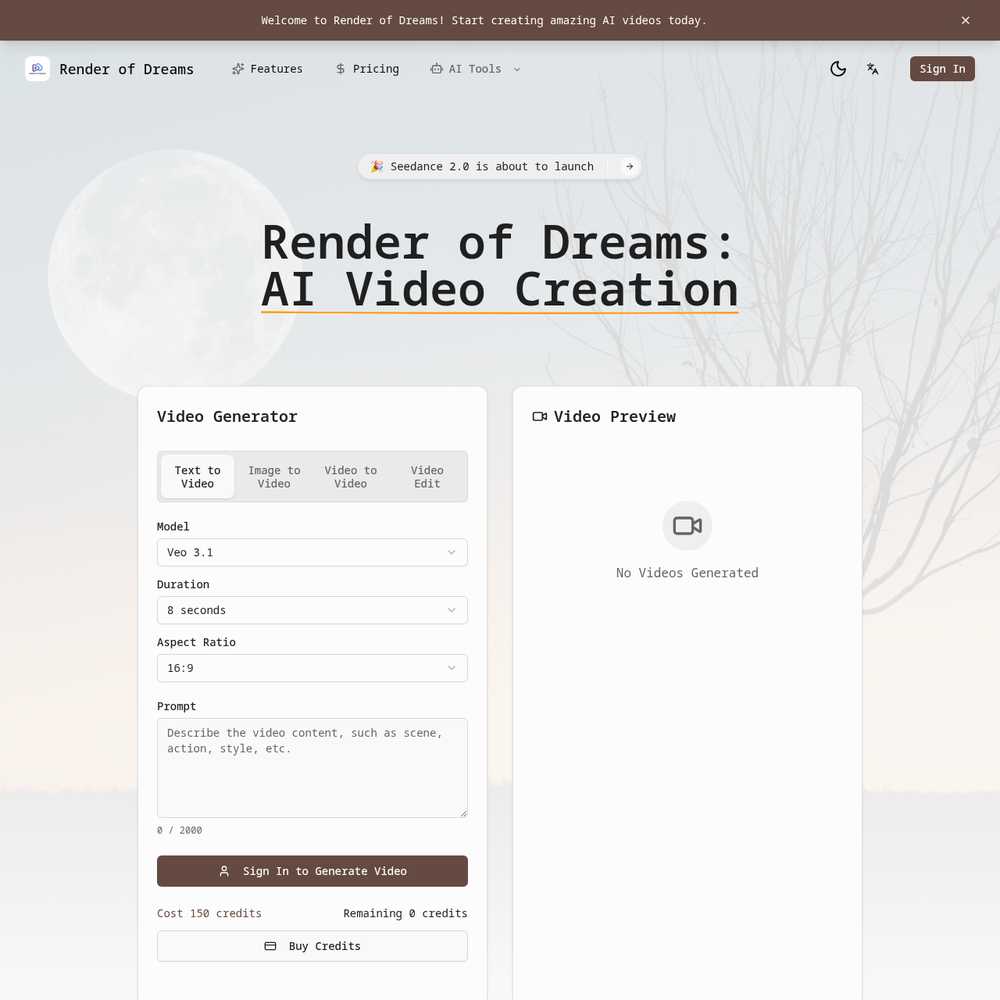 Render of Dreams website screenshot Render of Dreams website screenshot