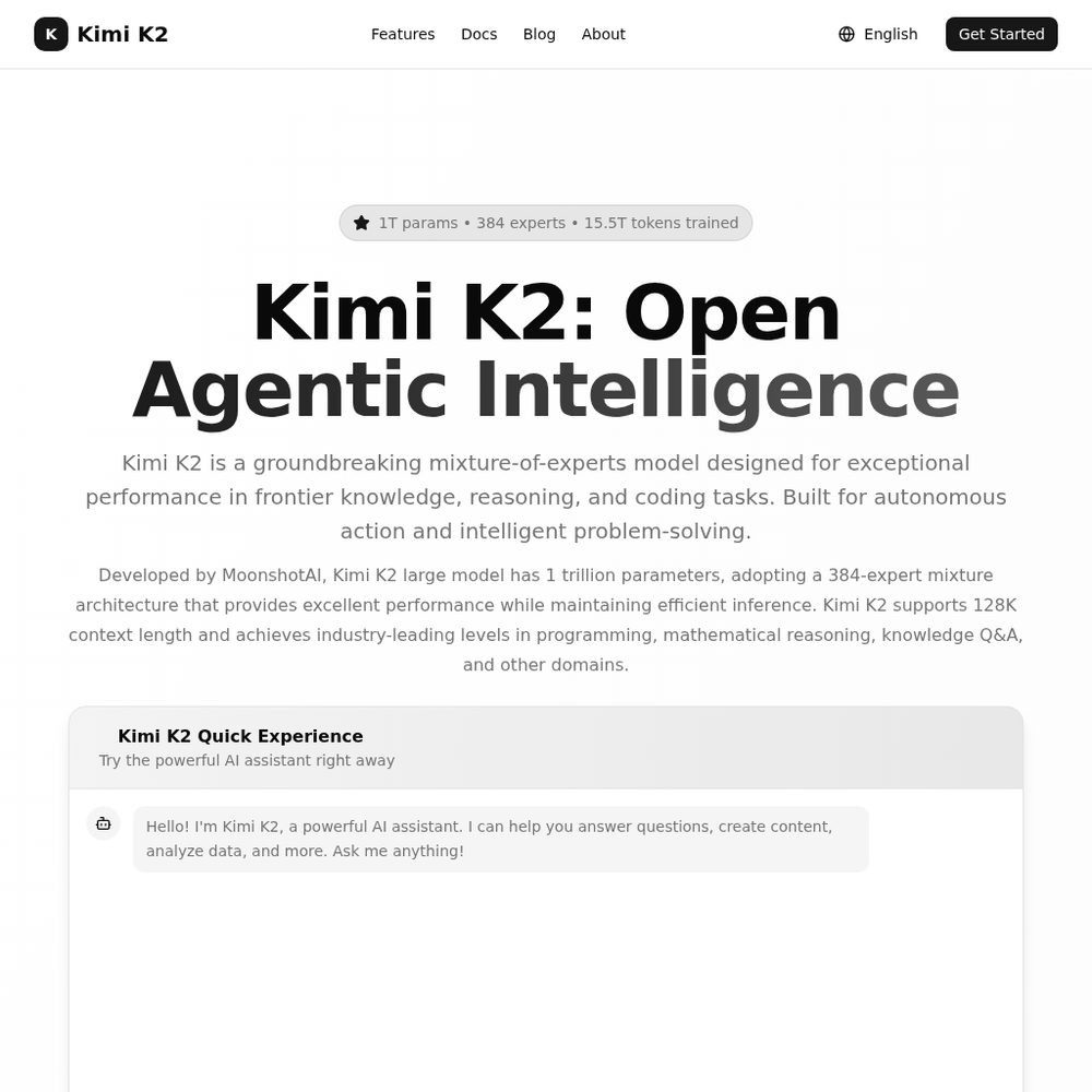 Kimi K2 website screenshot Kimi K2 website screenshot