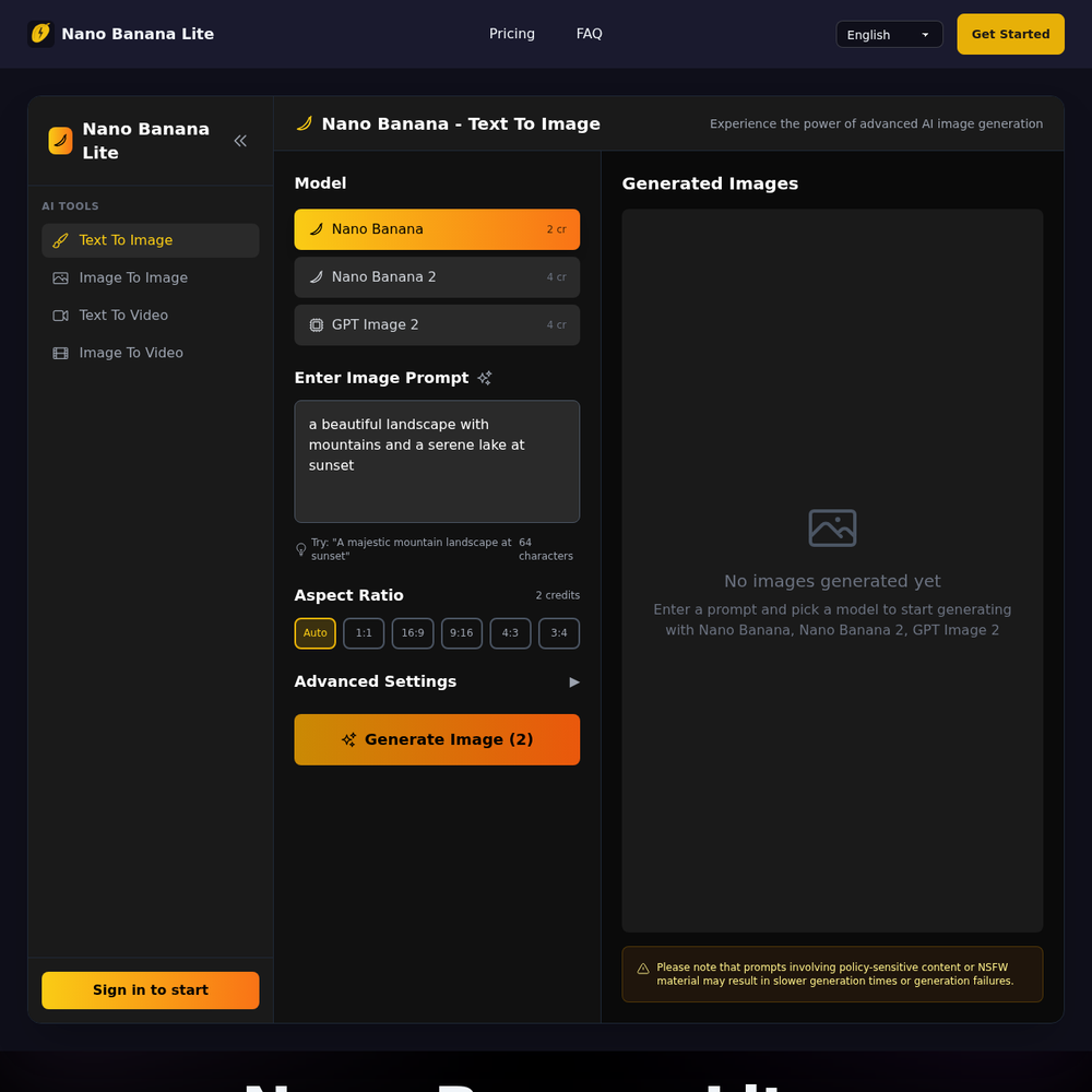 Nano Banana Lite website screenshot Nano Banana Lite website screenshot