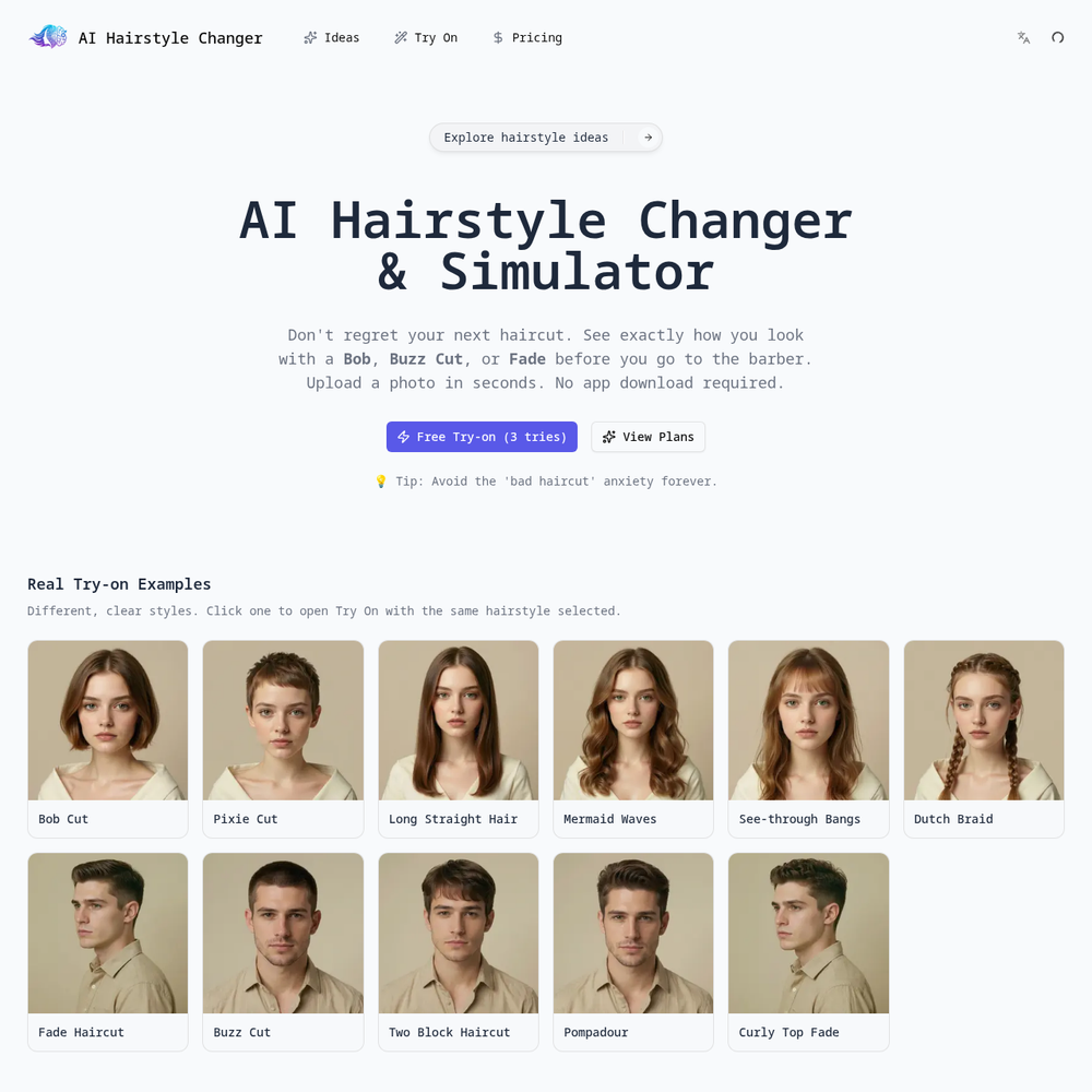 AI Hairstyle Changer & Simulator website screenshot AI Hairstyle Changer & Simulator website screenshot