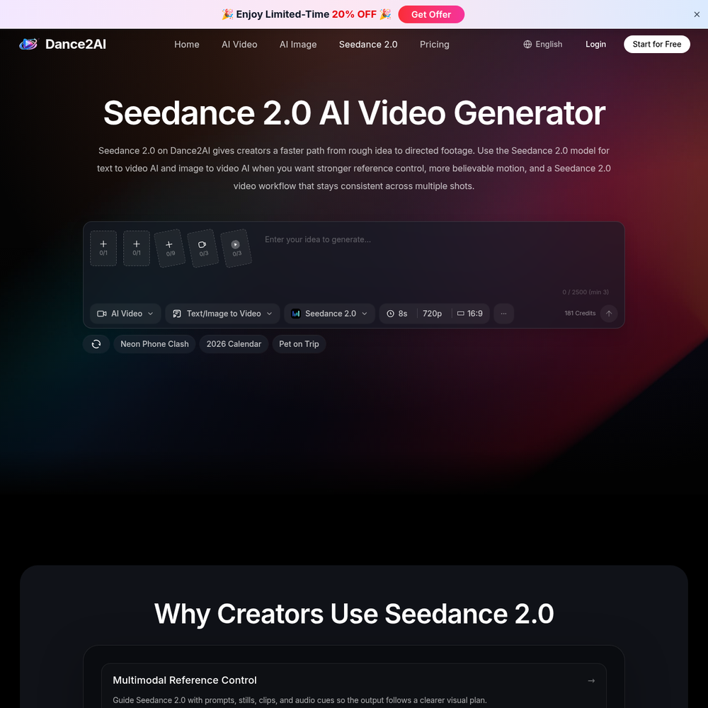 Seedance 2.0 website screenshot Seedance 2.0 website screenshot