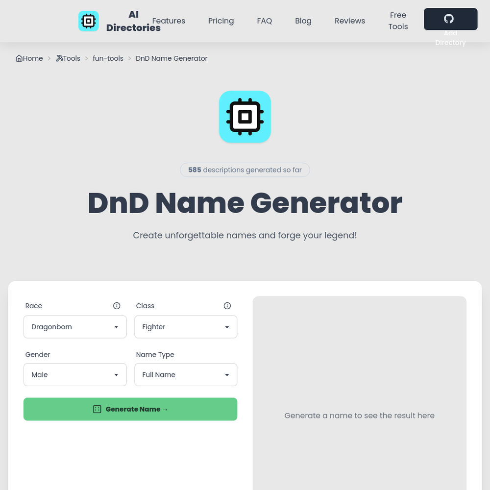 DnD Name Generator website screenshot DnD Name Generator website screenshot