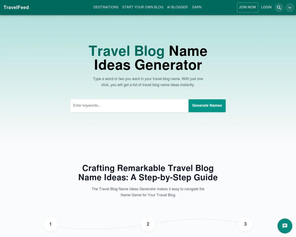 Travel Blog Name Ideas Generator website screenshot Travel Blog Name Ideas Generator website screenshot