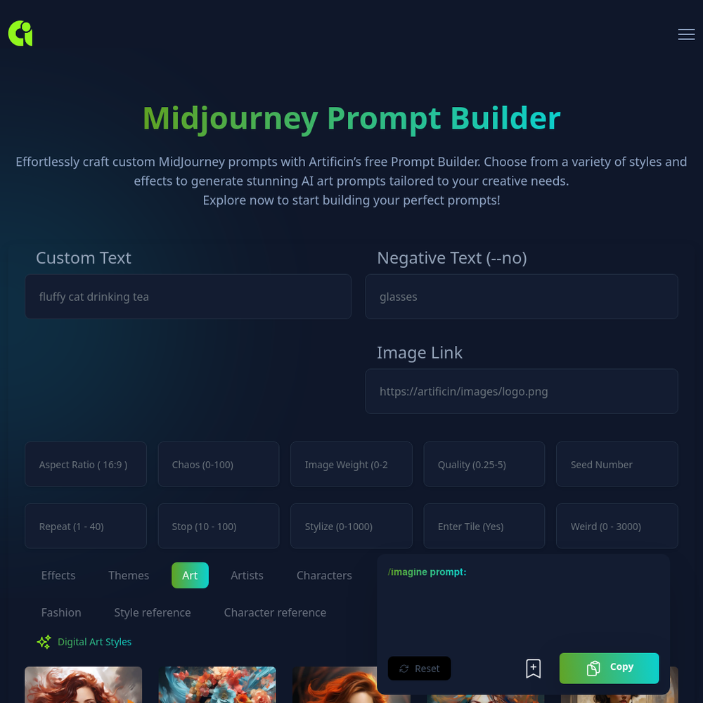 Midjourney Prompt Builder website screenshot Midjourney Prompt Builder website screenshot