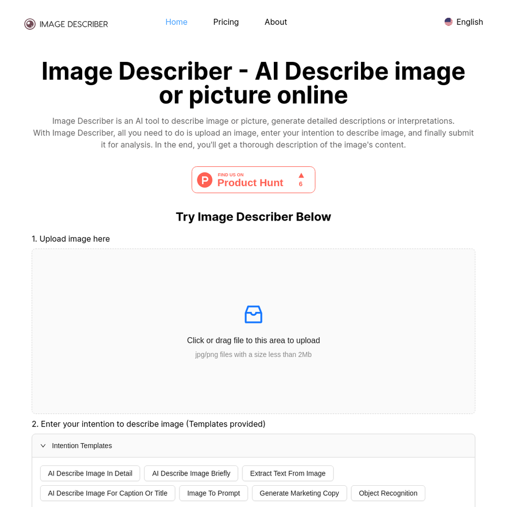 Image Describer website screenshot Image Describer website screenshot