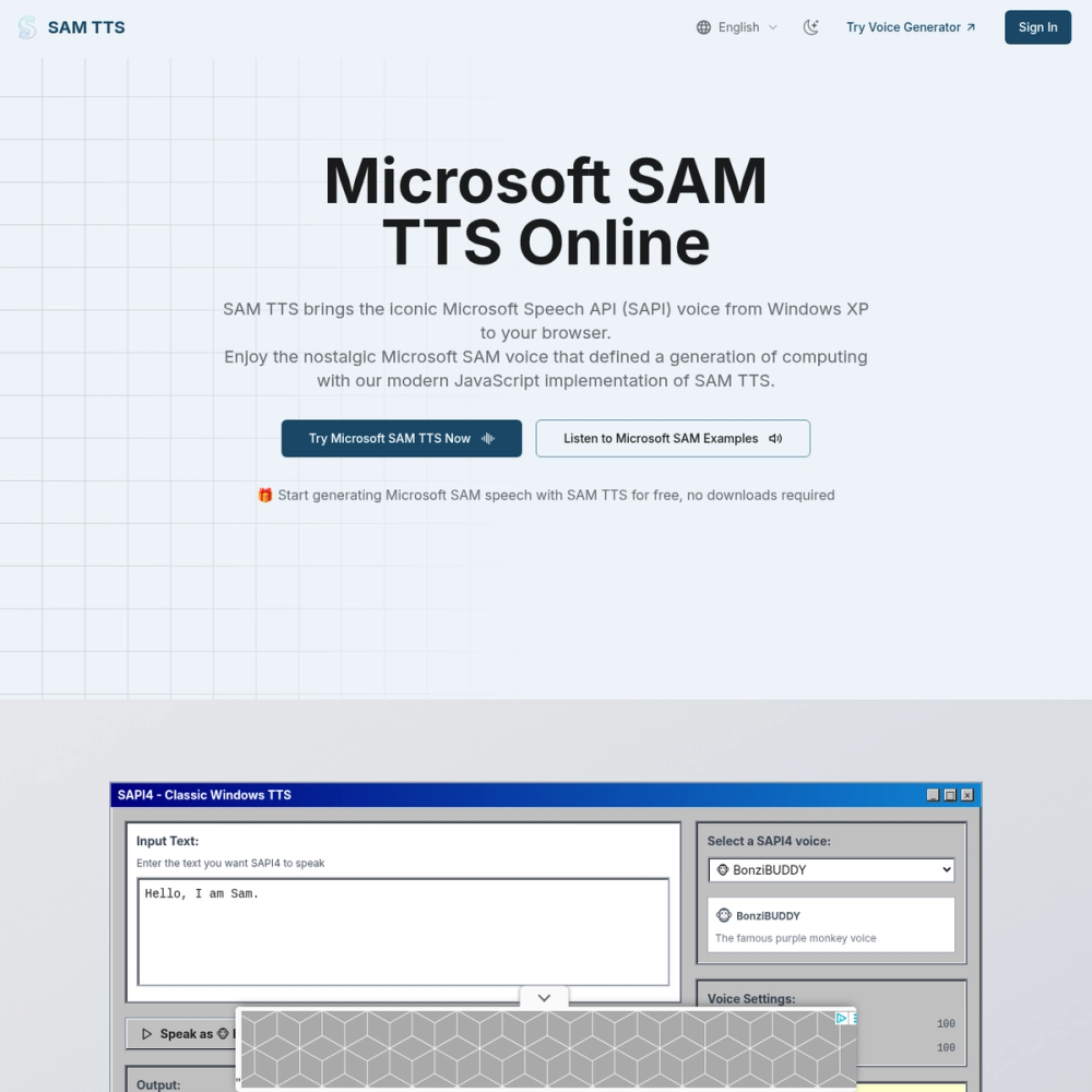 SAM TTS Online website screenshot SAM TTS Online website screenshot