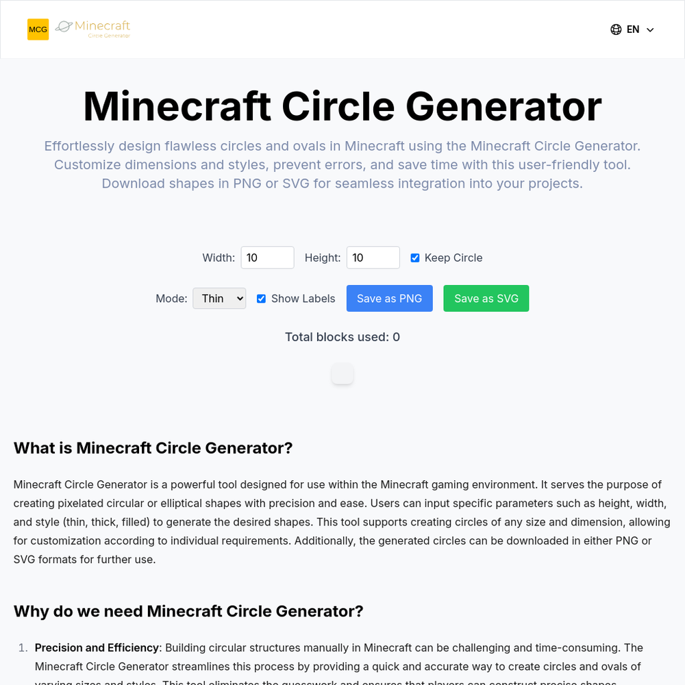 Minecraft Circle Generator website screenshot Minecraft Circle Generator website screenshot