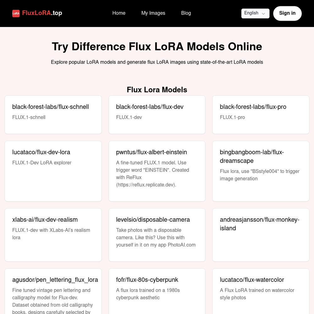 Flux LoRA website screenshot Flux LoRA website screenshot