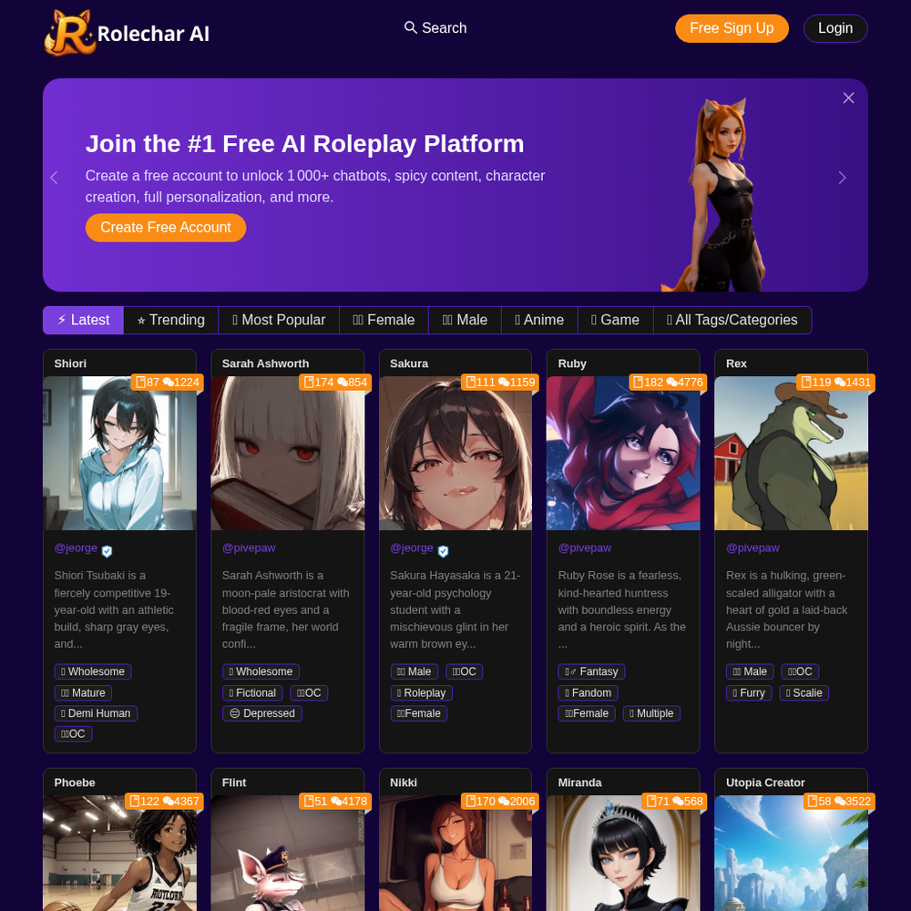 Rolechar AI website screenshot Rolechar AI website screenshot
