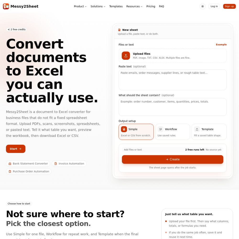 Messy2Sheet website screenshot Messy2Sheet website screenshot