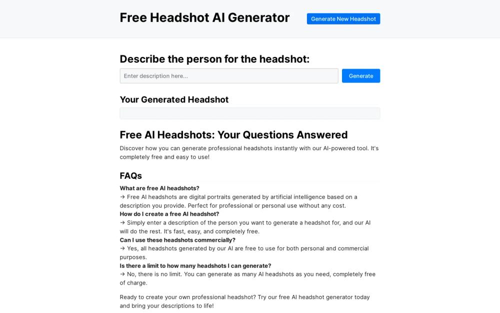 Headshot AI Generator website screenshot Headshot AI Generator website screenshot