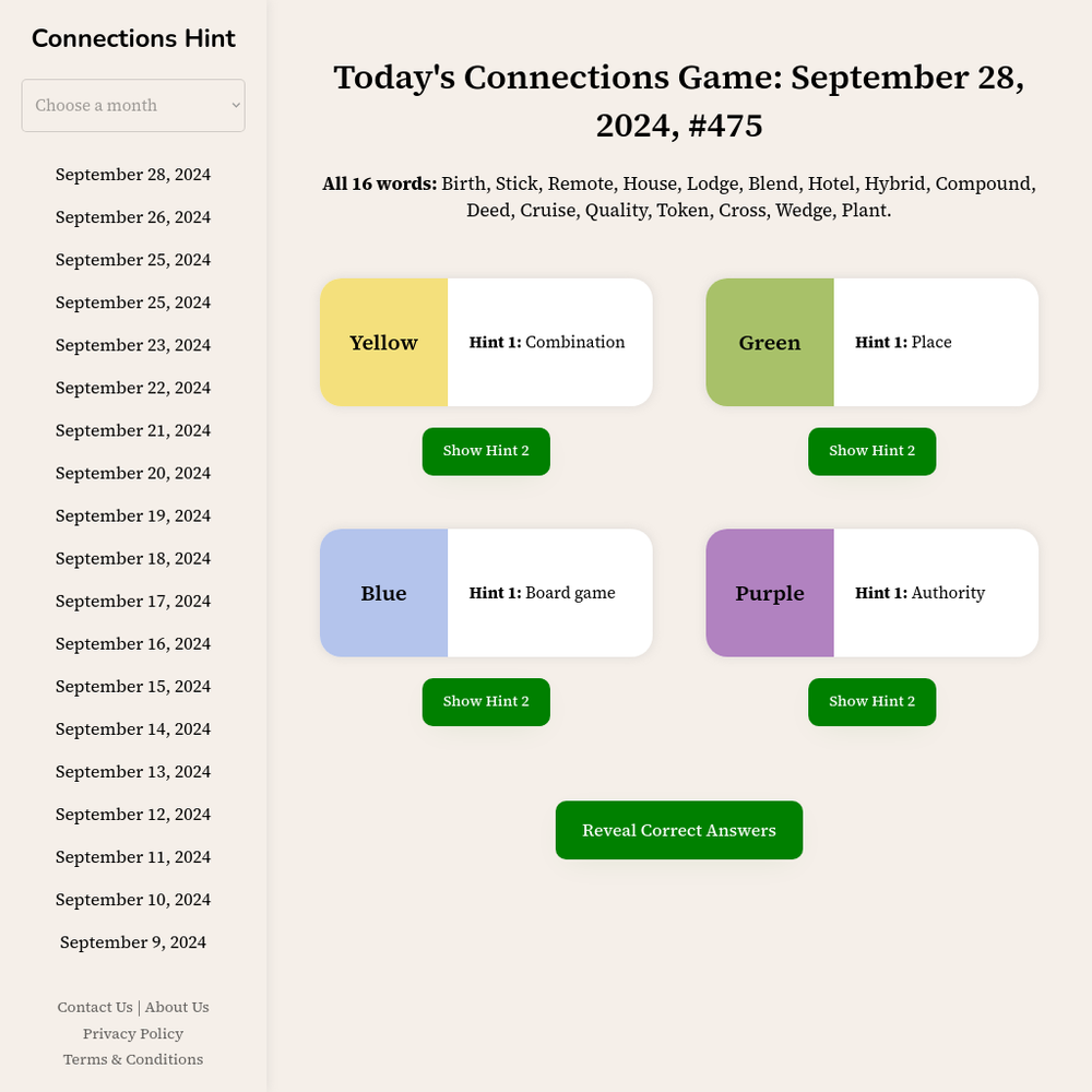 Connections Hints website screenshot Connections Hints website screenshot
