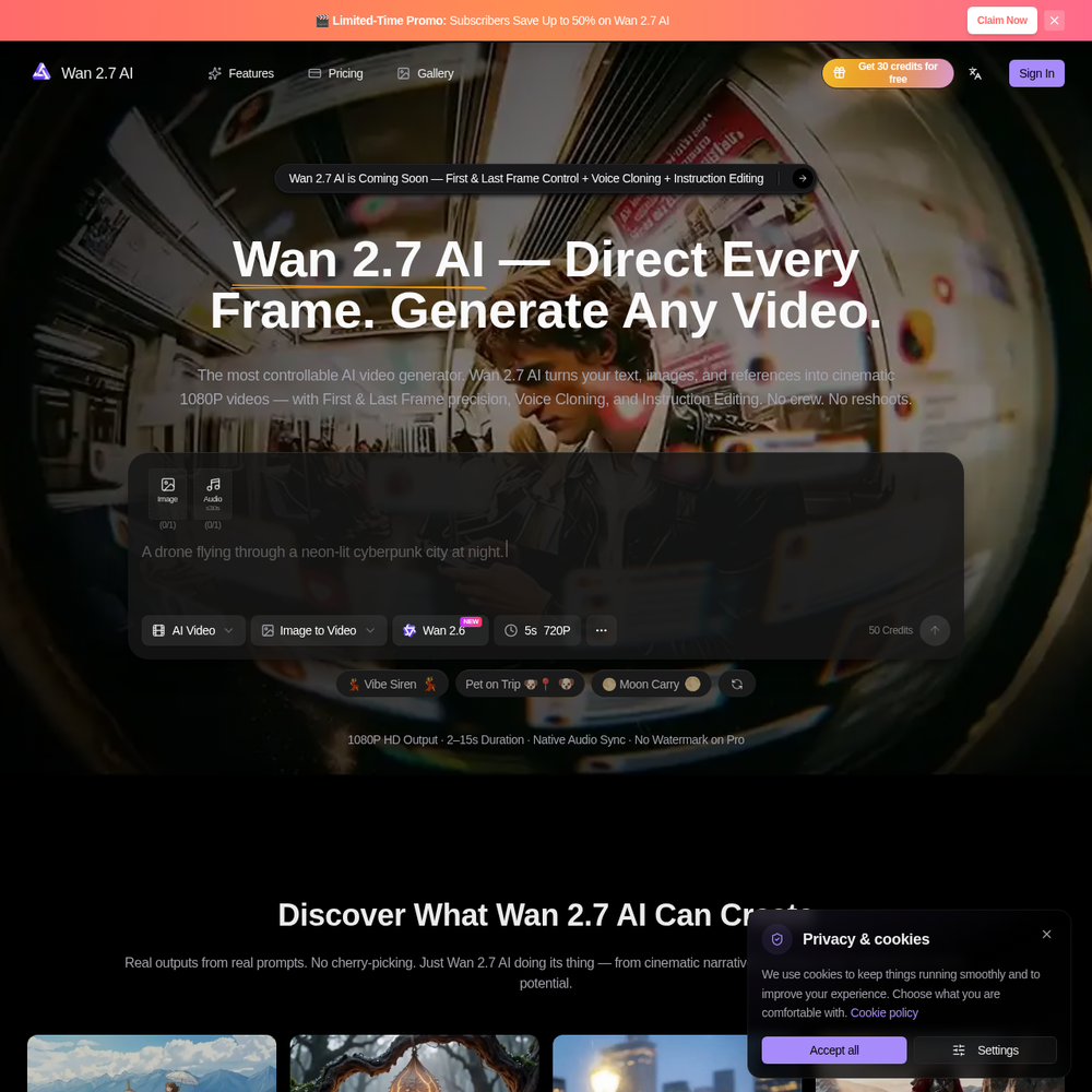Wan 2.7 AI Video Generator website screenshot Wan 2.7 AI Video Generator website screenshot