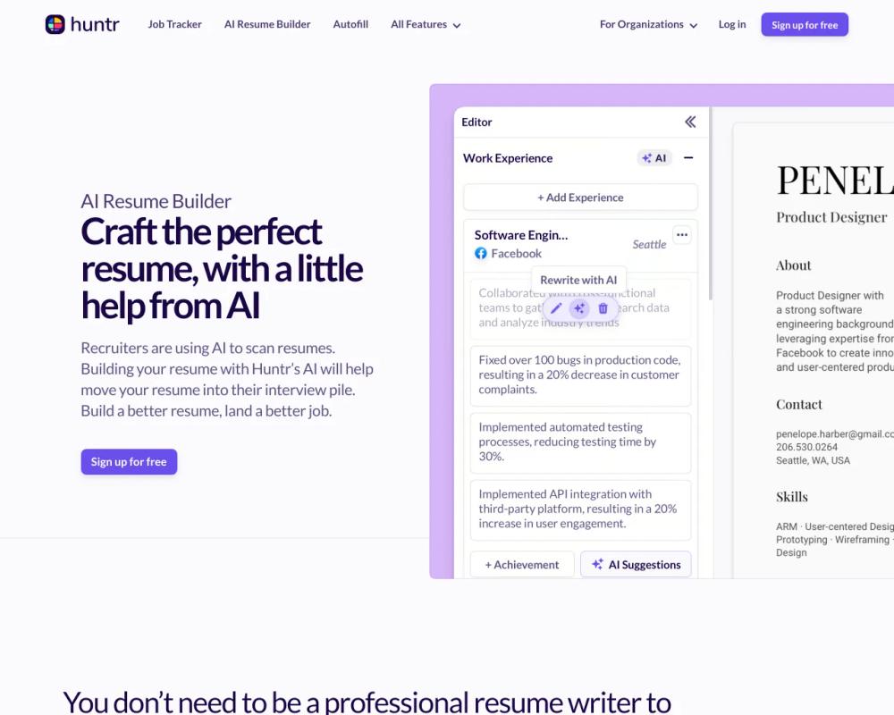 Huntr AI Resume Builder website screenshot Huntr AI Resume Builder website screenshot