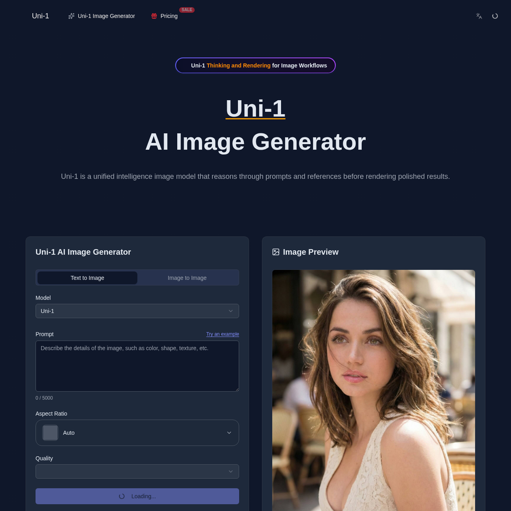 Uni-1 AI Image Generator website screenshot Uni-1 AI Image Generator website screenshot