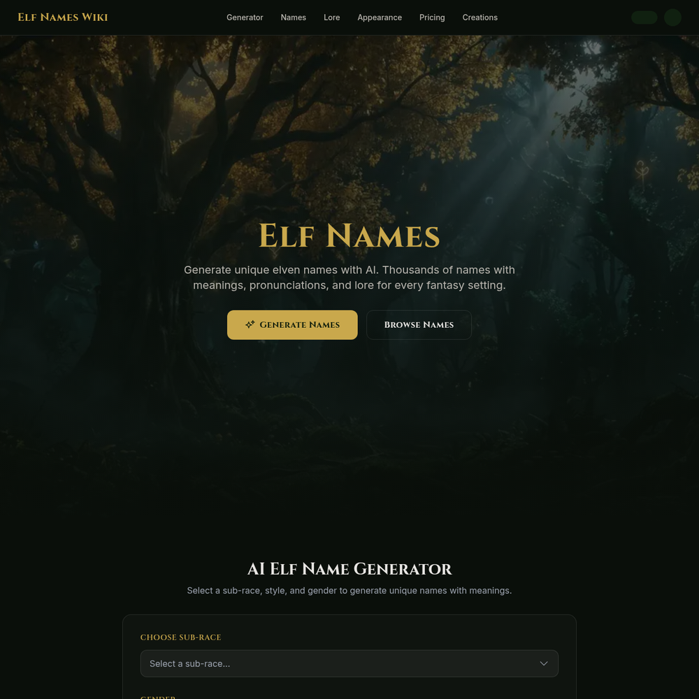 AI Elf Name Generator website screenshot AI Elf Name Generator website screenshot