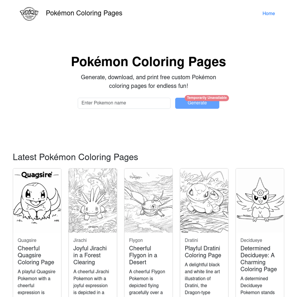 Pokémon Coloring Pages website screenshot Pokémon Coloring Pages website screenshot