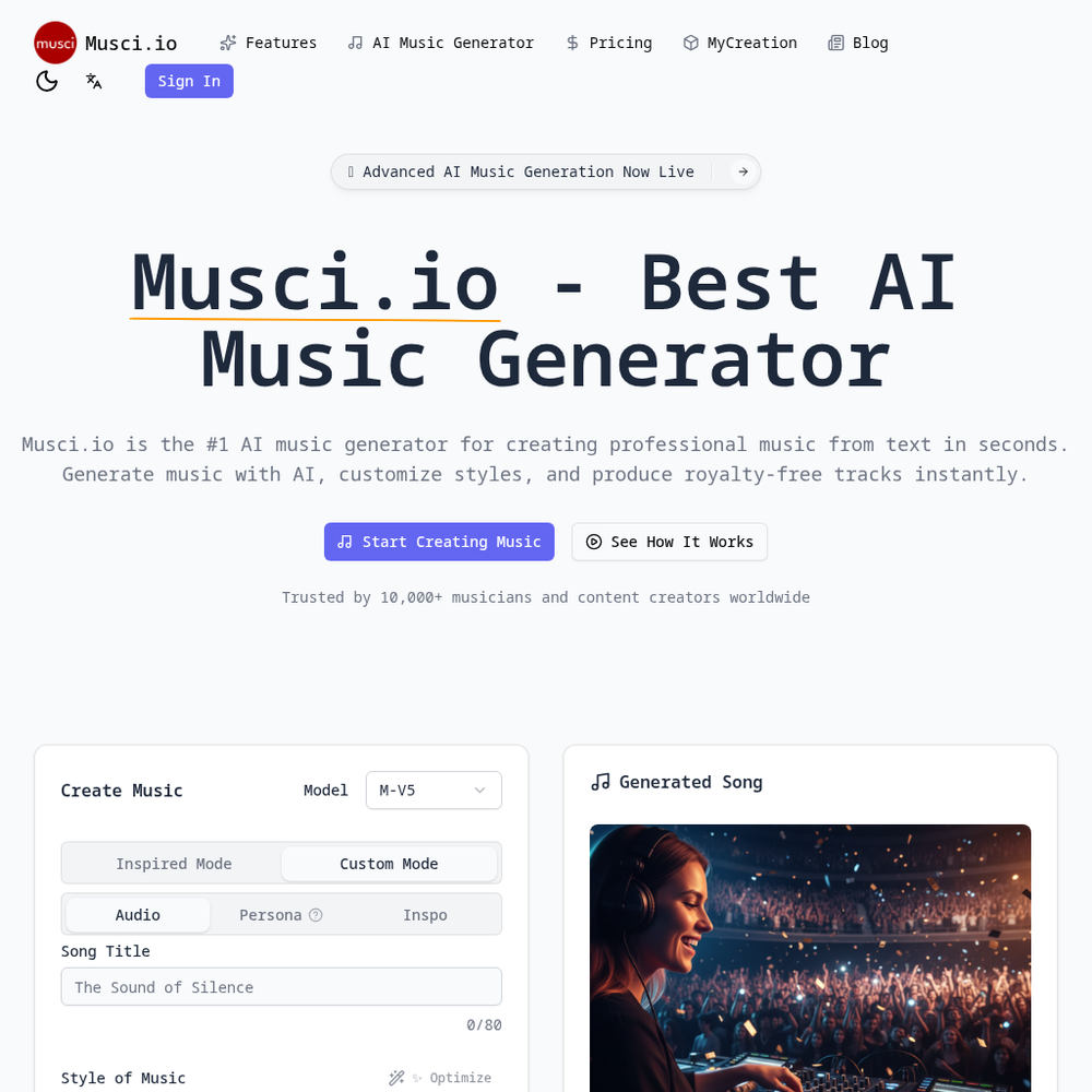 Musci.io website screenshot Musci.io website screenshot