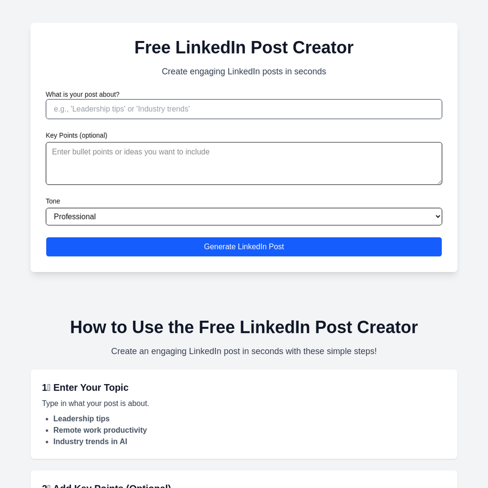 LinkedIn Post Creator website screenshot LinkedIn Post Creator website screenshot