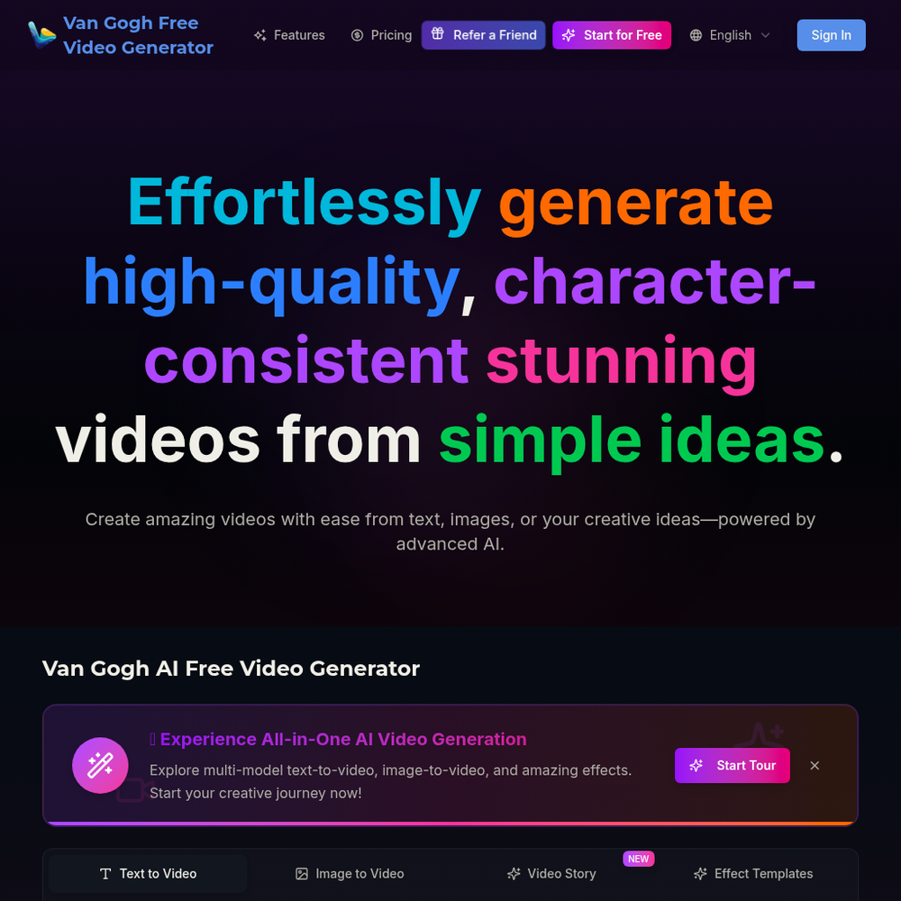 Van Gogh AI Video Generator website screenshot Van Gogh AI Video Generator website screenshot