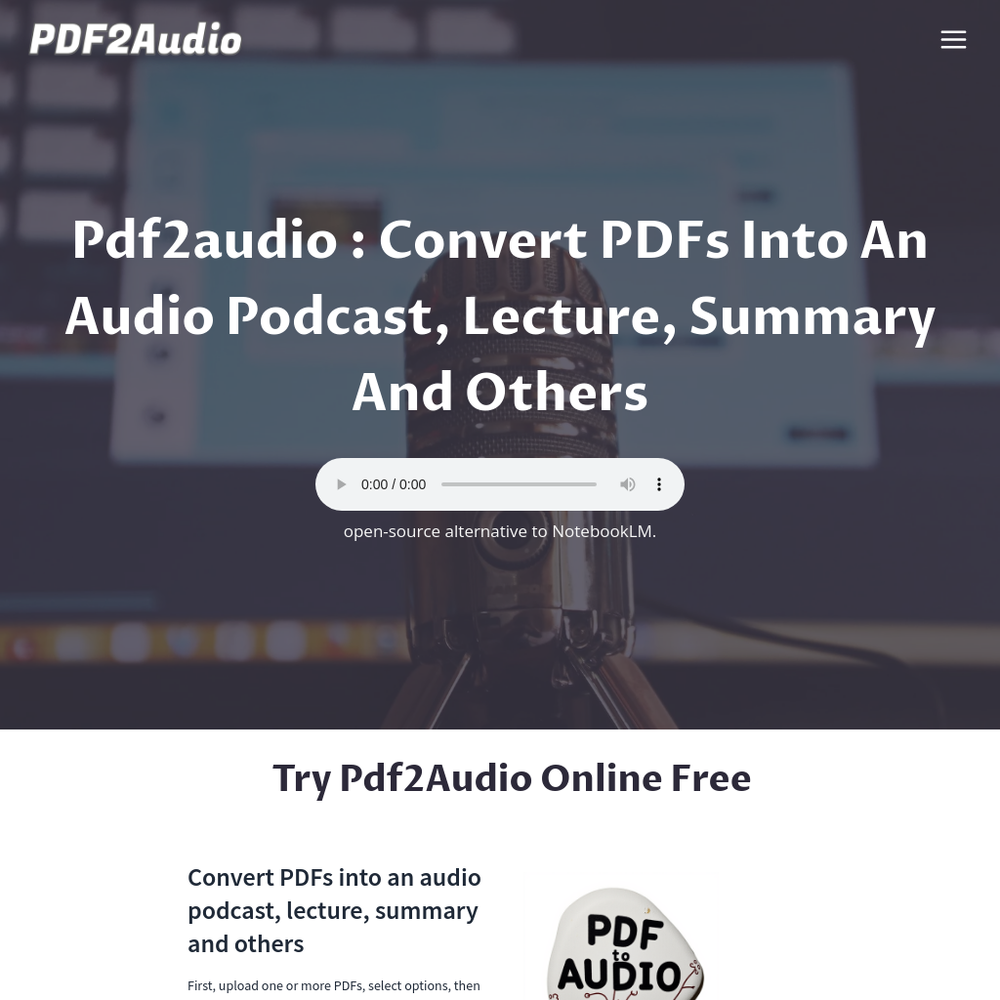 PDF2Audio website screenshot PDF2Audio website screenshot