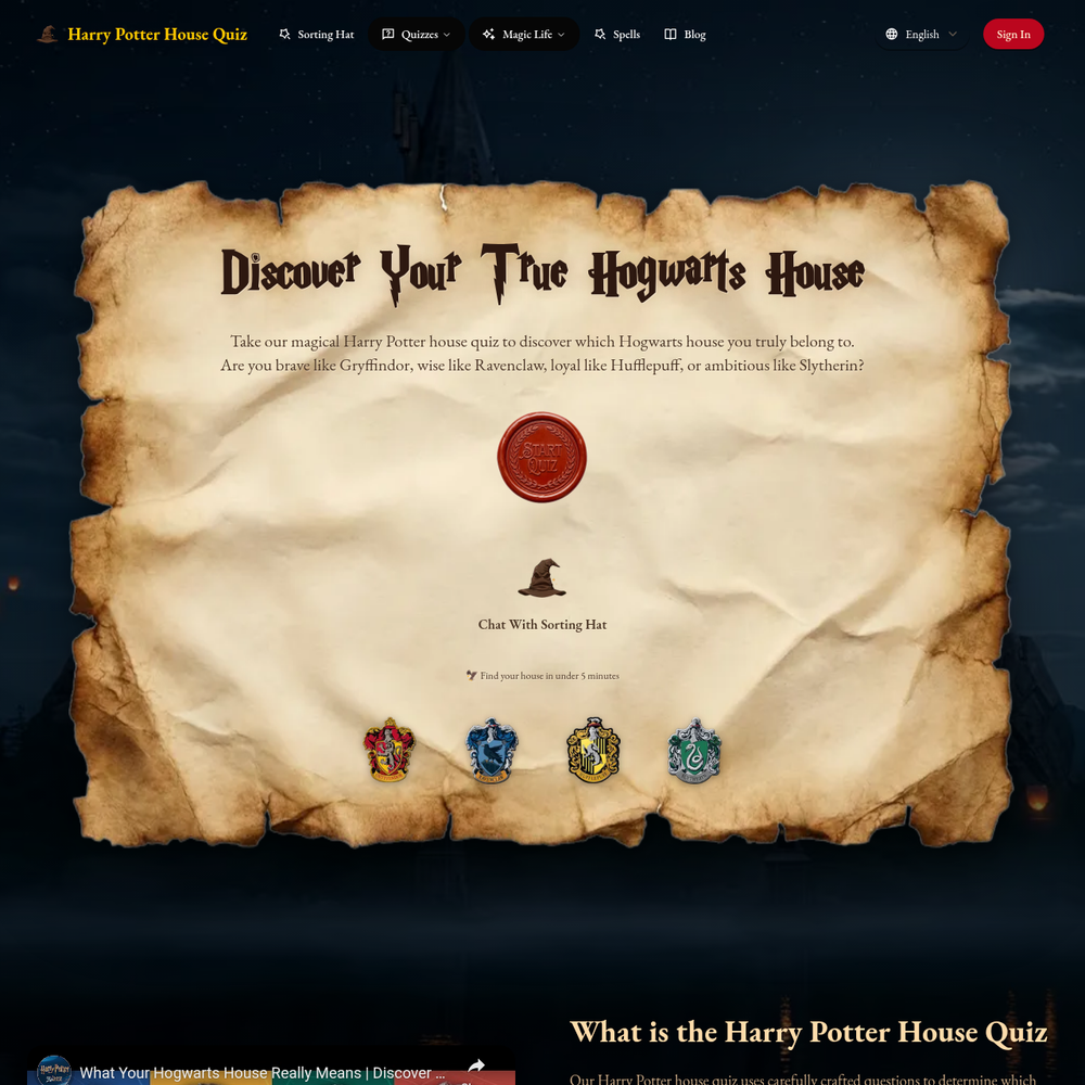 Harry Potter House Quiz website screenshot Harry Potter House Quiz website screenshot