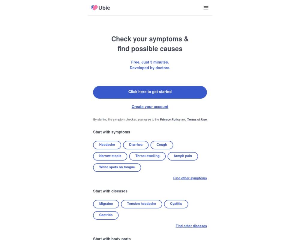 Ubie AI Symptom Checker website screenshot Ubie AI Symptom Checker website screenshot