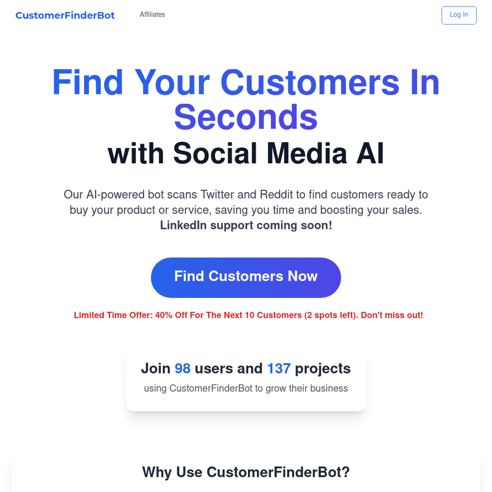 CustomerFinderBot website screenshot CustomerFinderBot website screenshot