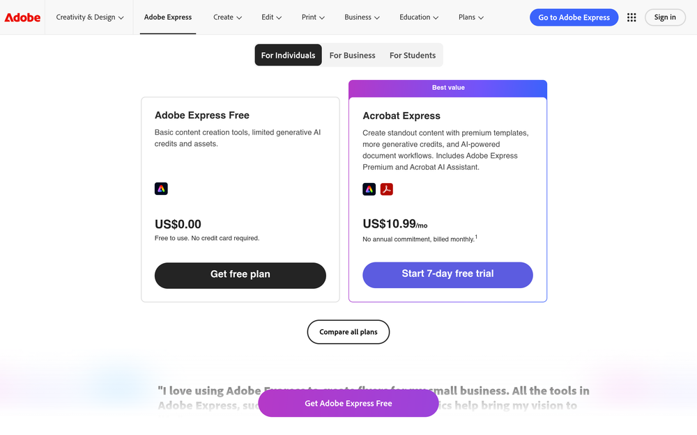 Adobe Express website screenshot Adobe Express website screenshot