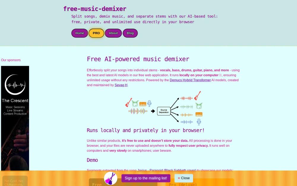 Free Music Demixer website screenshot Free Music Demixer website screenshot