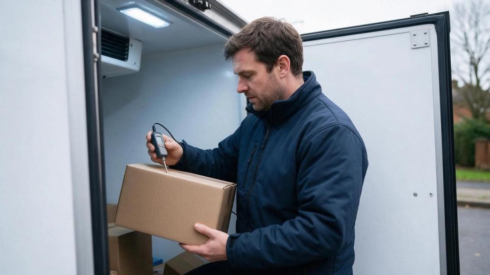 Driver in a navy jacket pushes a probe thermometer into a cardboard case at a refrigerated van's open door