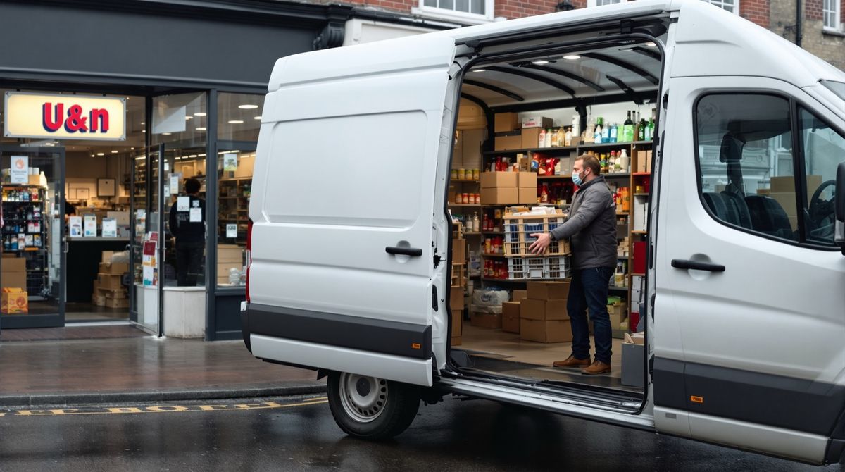 Delivery driver handing a crate of stock from the back of a van to a convenience shop owner on a British high street