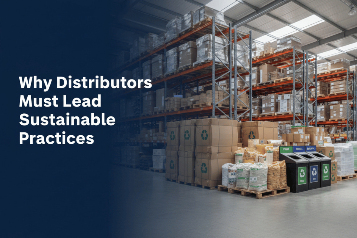 Electric delivery fleet and eco-friendly warehouse representing sustainable practices for large distributors