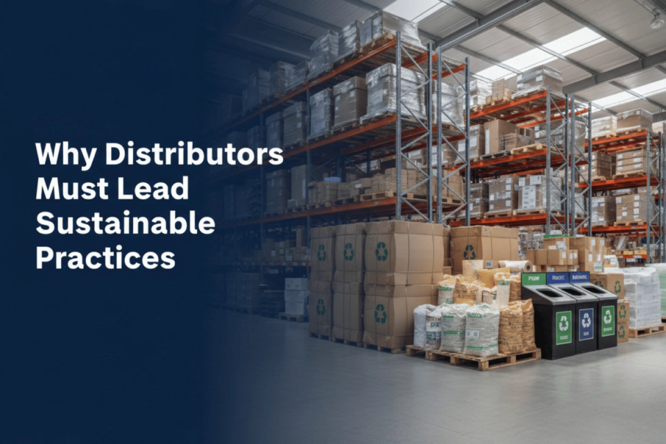Electric delivery fleet and eco-friendly warehouse representing sustainable practices for large distributors