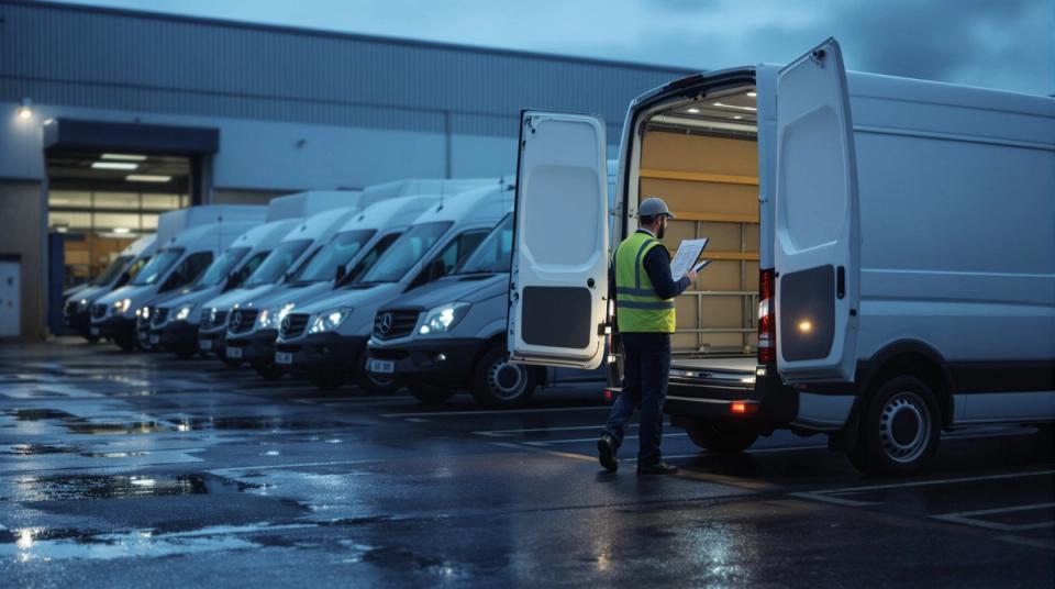 Driver checking a load sheet at the open rear of a van in a depot yard at dawn, a row of vans behind him