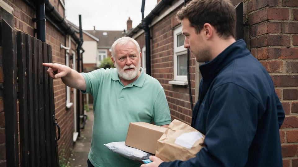 Older bearded driver points out a gate to a younger colleague holding parcels in a narrow brick alley