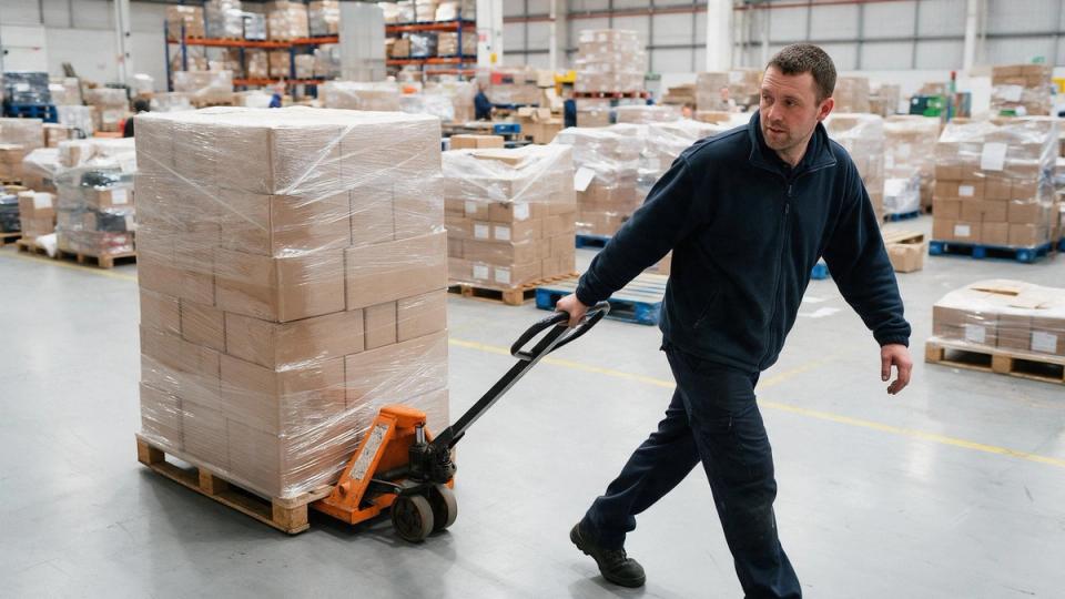 Warehouse worker in a navy fleece pulls a pallet truck loaded with shrink-wrapped cartons across a busy floor