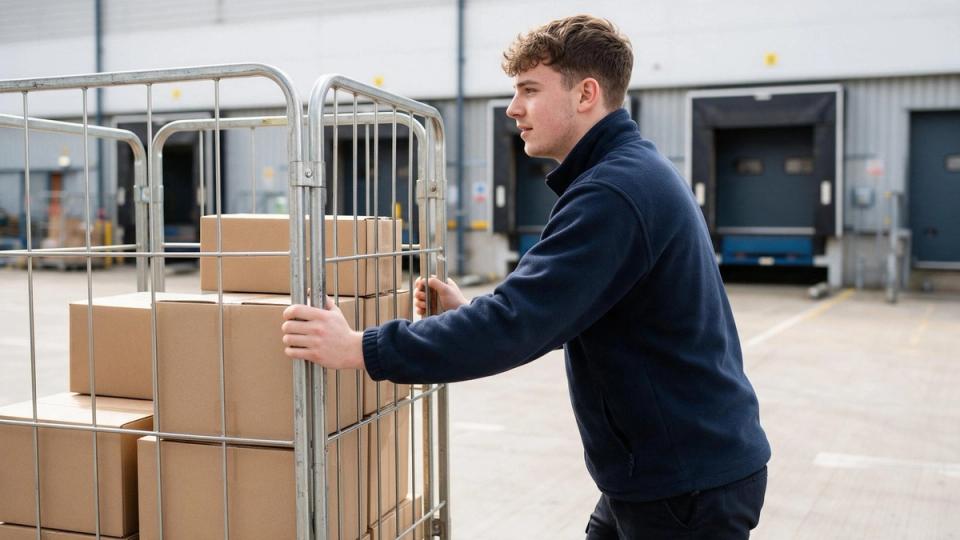 Young warehouse picker in a navy fleece pushes a roll cage of cartons across a yard towards loading bays