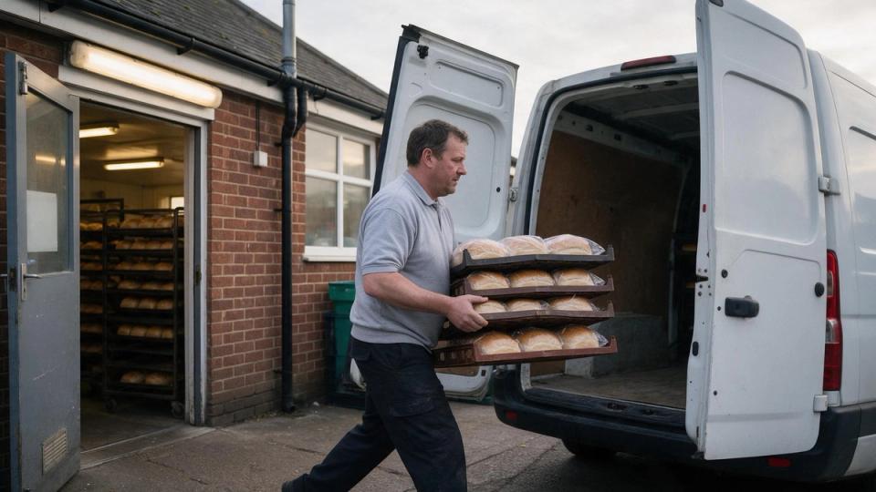 Delivery driver carries stacked trays of bagged loaves from a bakery back door to an open white van
