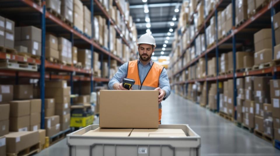 Warehouse operative scanning the barcode on a case before placing it into a tote at the pick face